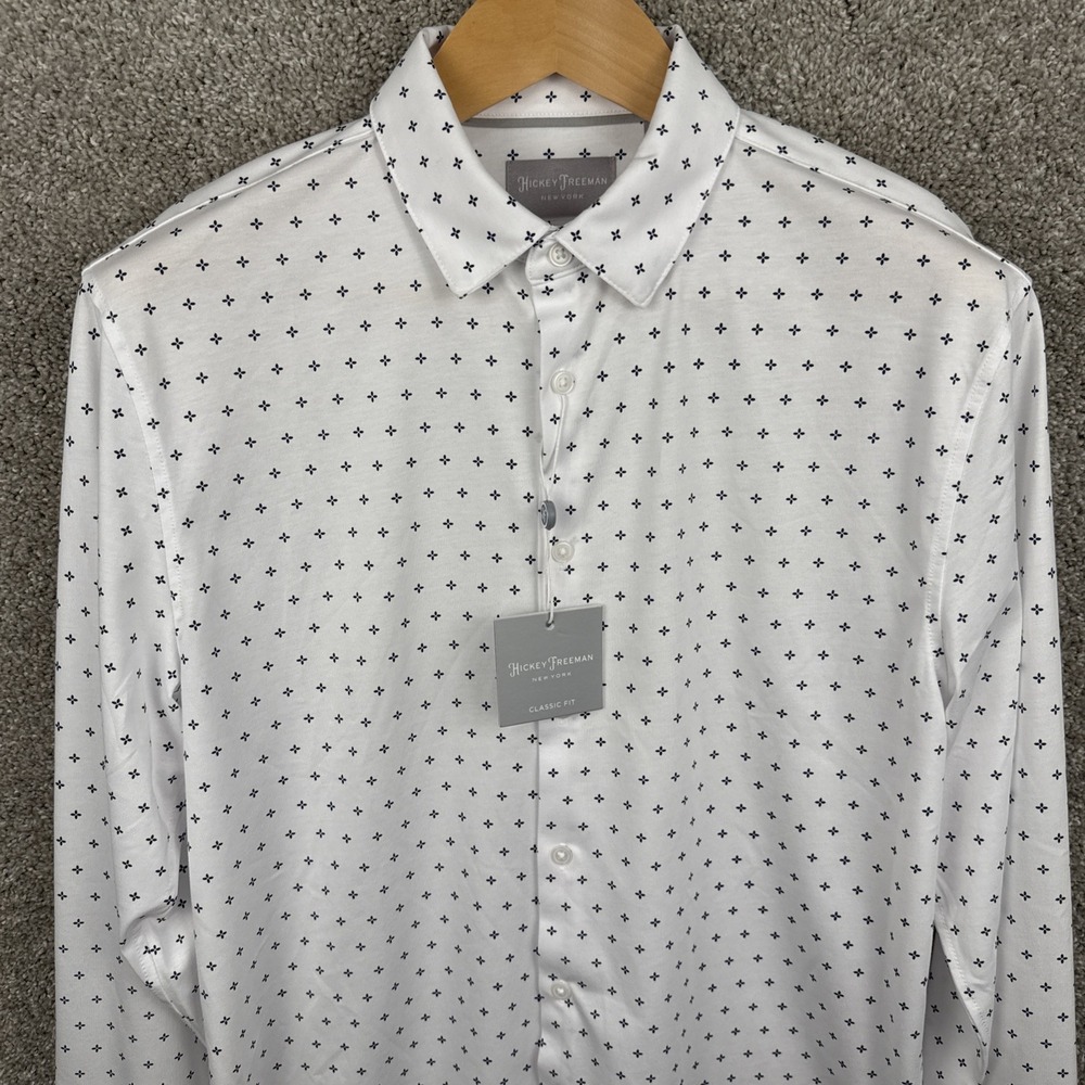 Hickey Freeman Long‎ Sleeve Classic Fit Button Shirt Men's Small White Geometric